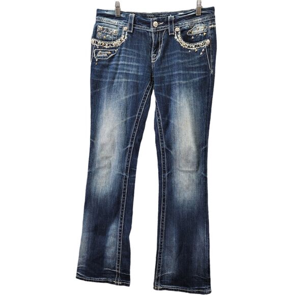 Miss Me Womens Jeans SZ 28 Signature Rise Bootcut Dark Wash Studded Thick Stitch - Picture 1 of 12